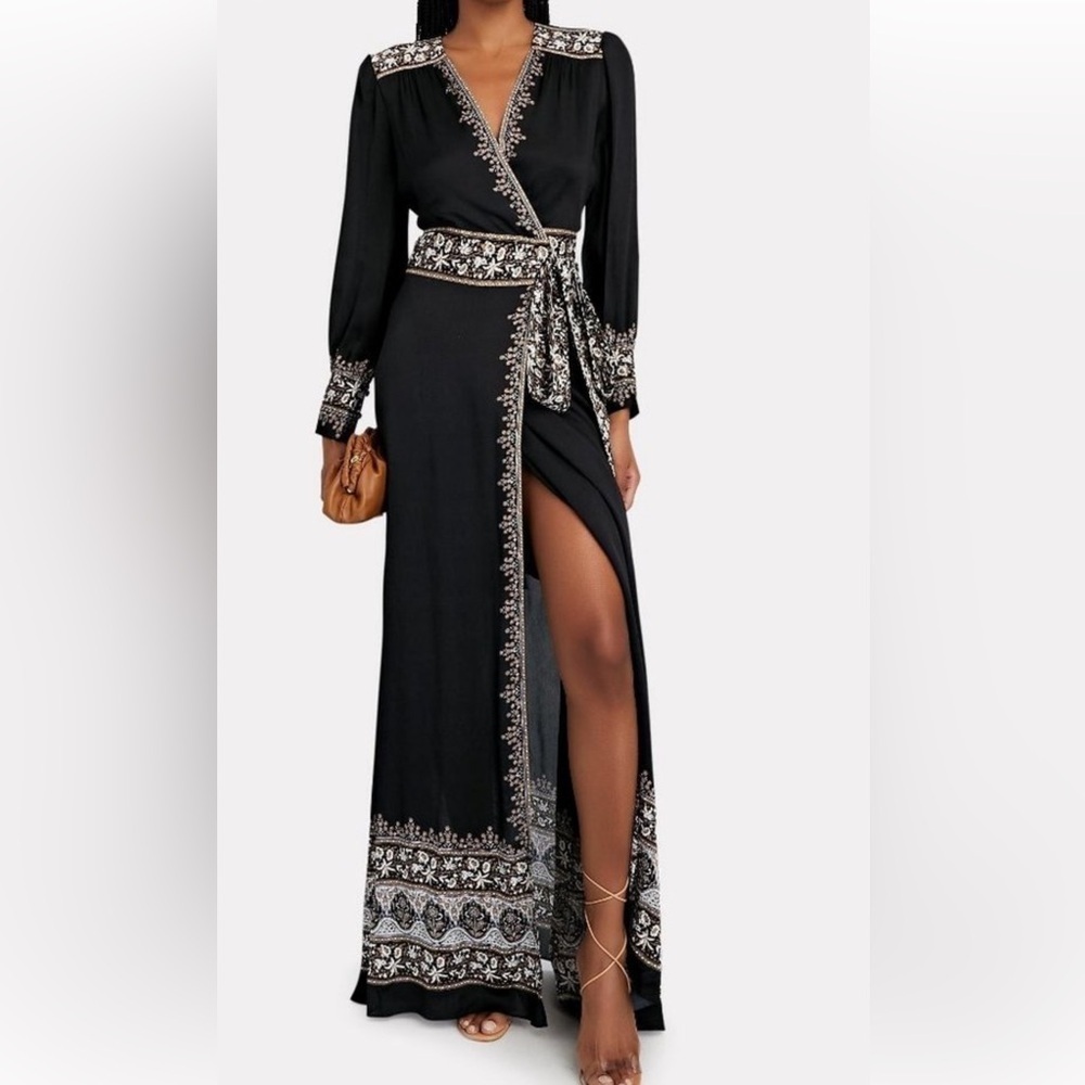 Veronica Beard BLAISE BORDER PRINT LONG SLEEVE MAXI DRESS BLACK MULTI SIZE 0